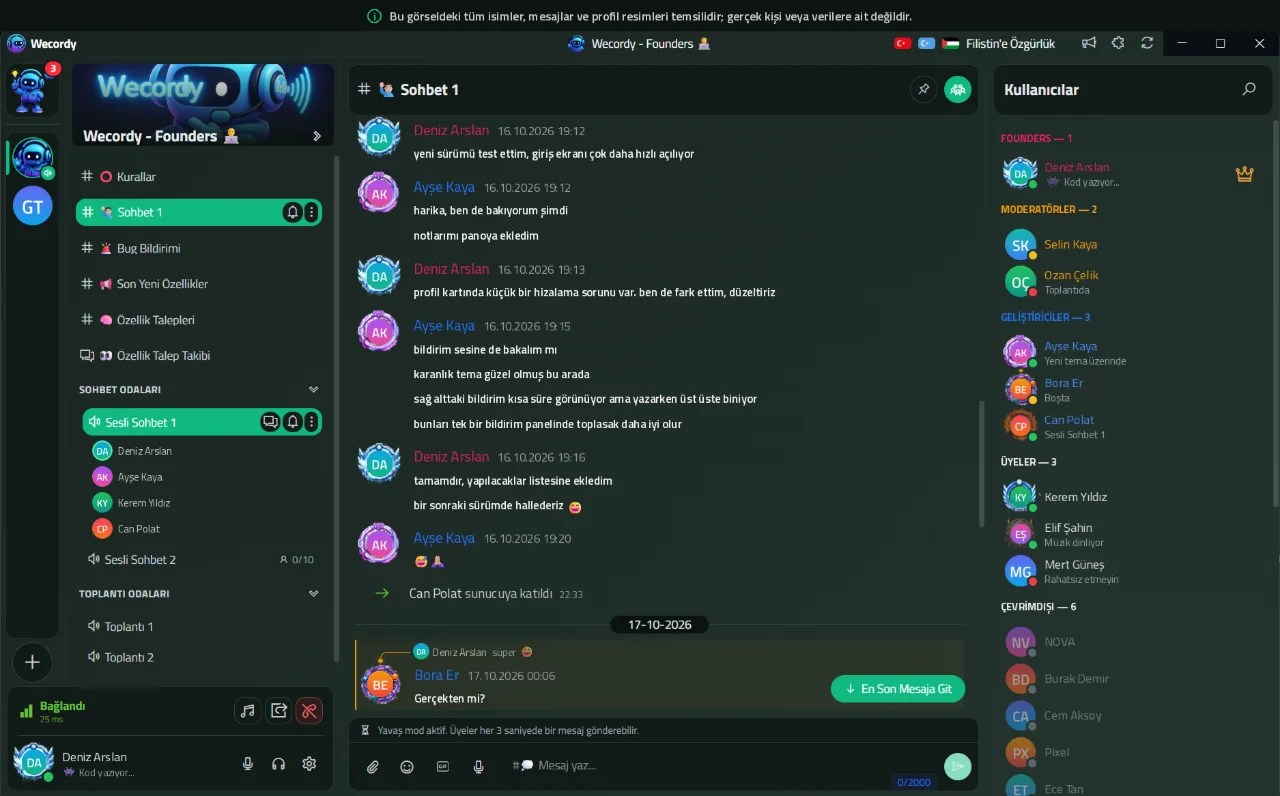 Wecordy masaüstü tətbiqi: server kanalları, səsli söhbət otaqları, mesajlaşma və onlayn istifadəçi siyahısı